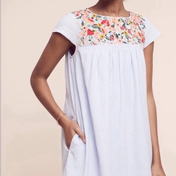 Anthropologie Maeve Embroidered Blue & White Stripes Short Sleeve Tunic Dress - Picture 2 of 6